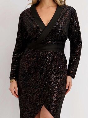 Siena Studio Black Sequin Wrap Midi Dress